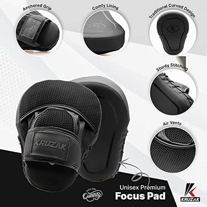 Kruzak Matte Black Boxing Gloves and Pads, Boxing Gloves Training Set for Kickboxing and Muay Thai MMA Training - Boxing Kit for Adults with Punching Pads for Martial Arts and Karate - size: 14 oz
