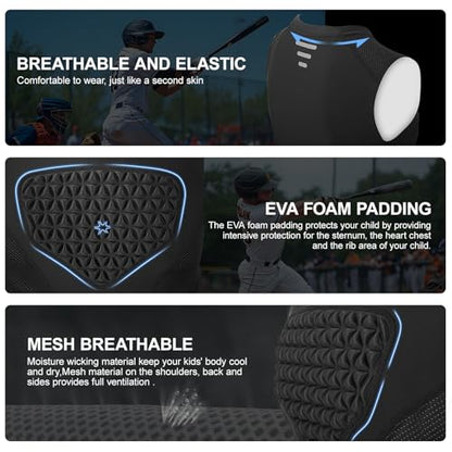 Youth Padded Compression Shirt Baseball Chest Protector Heart Sternum Guard - color: Black, size: Small