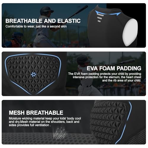 Youth Padded Compression Shirt Baseball Chest Protector Heart Sternum Guard - color: Black, size: Large