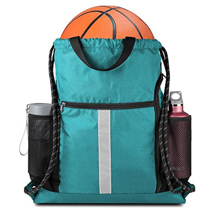 BeeGreen Teal String Backpack Bag Cinch Sack with Shoe Compartment and Two Zipper Pockets and Two Side Mesh Pockets Lightweight Large Drawstring Gym Sackpack for Men and Women - color: Teal, style: Drawstring With Shoe Compartment
