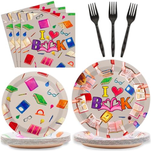 Wiooffen 96 Pcs Book Club Birthday Party Plates Napkins Tableware Set Back to School Party Supplies Disposable Dinnerware Books Decoration Favors for Library Reading Party Table Decor, 24 Guests - style: Book party