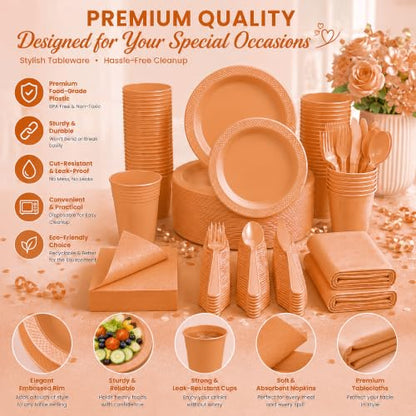 Tinybee 352 Pcs Orange Plastic Plates, Disposable Dinnerware Set for 50 - color: Orange