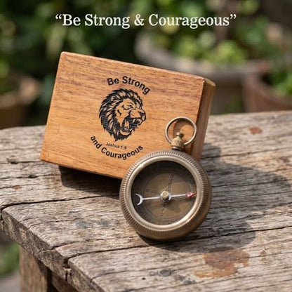 Compass – Brass Directional Vintage Compass Engraved with “Be Strong and Courageous” Joshua 1:9 Bible Verse, Baptism 2026 Communion Christian Inspirational Gifts for Women/Men - style: Be Strong 1 - Wood Case