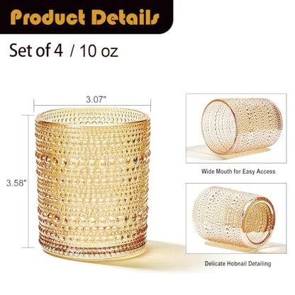 Flrolove Hobnail Drinking Glasses Set of 4, 10oz Amber Vintage Glasses | Cocktail Glasses, Vintage Glasses Drinking Set, Mixed Drinkware Set Vintage Glassware Set for Juice, Cocktail, Whisky, Soda