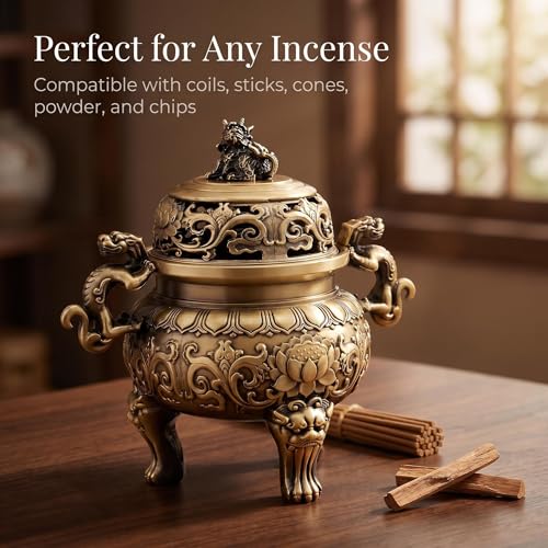 Solid Brass Chinese Incense Burner, Antique Censer, 670g, 2.76in Opening | Feng shui incense burner, Fu Lion Foo Dog lid, altar, home shrine, meditation corner, office desk, brings harmony and peace
