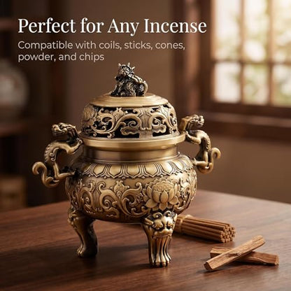 Solid Brass Chinese Incense Burner, Antique Censer, 670g, 2.76in Opening | Feng shui incense burner, Fu Lion Foo Dog lid, altar, home shrine, meditation corner, office desk, brings harmony and peace