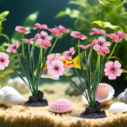 Veemoon 2 Pcs Pink Aquarium Artificial Plants, 7.47 Inch Tall Fake Lotus Flower Decor, Plastic Betta Fish Tank Desktop Bowl Accessories
