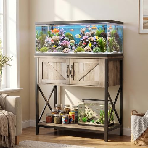 Petrova 20-29 Gallon Fish Tank Stand, Metal Double Aquarium Stand with Storage Cabinet, Heavy Duty 31.5" L* 16.54" W Tabletop, 330LBS Capacity, Rustic Brown - color: Brown, size: 31.5" L x 16.5" W x 31.5"H
