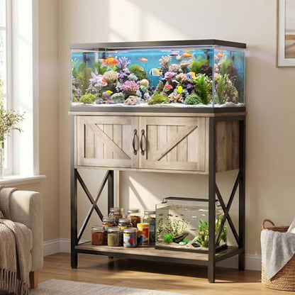 Petrova 20-29 Gallon Fish Tank Stand, Metal Double Aquarium Stand with Storage Cabinet, Heavy Duty 31.5" L* 16.54" W Tabletop, 330LBS Capacity, Rustic Brown - color: Brown, size: 31.5" L x 16.5" W x 31.5"H