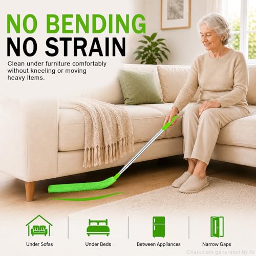 Retractable Gap Dust Cleaner with Extension Pole & 3 Microfiber Cloths | Cleaning Tools with 3 Microfiber Dusting Cloths | Long Handle Duster 30-100'' | Under Refrigerator Furniture Appliance Green - color: Green