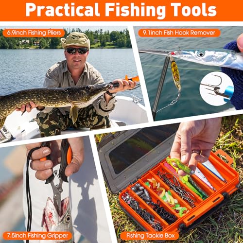 RoundFunny 256 Pcs Fishing Backpack with Tackle Box Gears, Tackle Sling Bag Backpack, Fishing Hook, Lures, Retractable Landing Net, Plier, Lip Gripper, Hook Remover, Fish Gift Men - color: Desert Camouflage