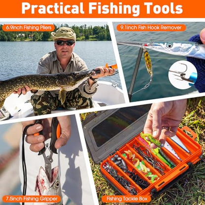 RoundFunny 256 Pcs Fishing Backpack with Tackle Box Gears, Tackle Sling Bag Backpack, Fishing Hook, Lures, Retractable Landing Net, Plier, Lip Gripper, Hook Remover, Fish Gift Men - color: Desert Camouflage