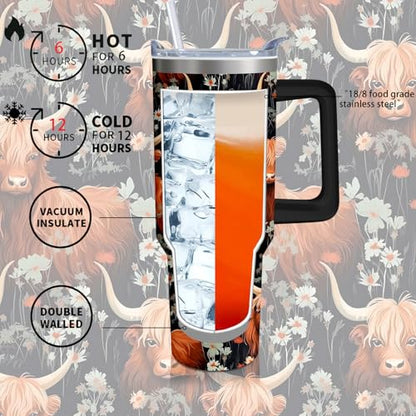 40oz Highland Cow Tumbler with Handle and Straw, Stainless Steel Insulated Cup with Lid and Straw, Travel Coffee Mug Water Bottle, Birthday Mothers Day Gifts for Women Men Animal Lovers - color: Highland Cow