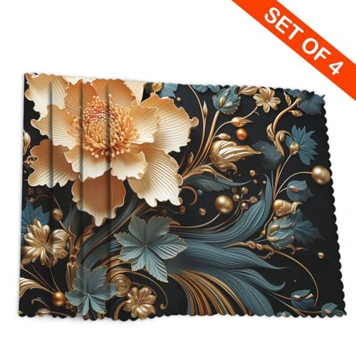 Placemats Set of 4 Heat Resistant Gold Flowers on Black Place mat for Dining Table Non-Slip Table Mats Desktop Protection Pad Washable Place Mats for Kitchen Dining Outdoor - color: Gold Flowers on Black