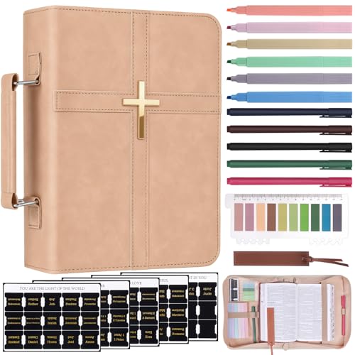 XKDOUS Bible Cover for Women Leather Bible Bag Large Book Carrying Case Kit - color: Champagne With Golden Cross