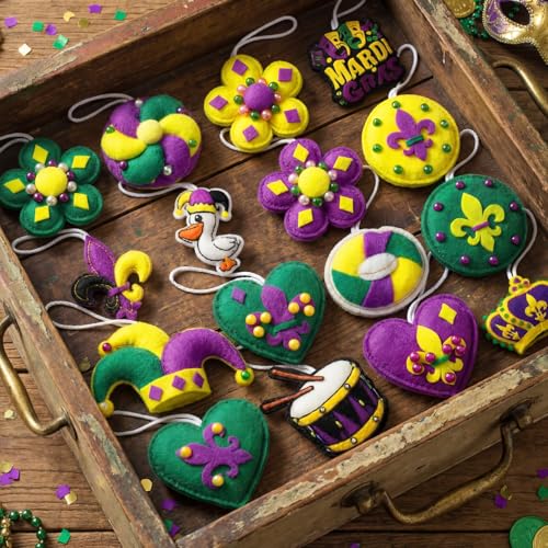 16 Pcs Mardi Gras Ornaments for Tree Felt 3.15 Inch Purple Gold Green Tree Decorations 3D Felt Mardi Gras Hanging Ornaments Decorations for Carnival Party Door Home Wall Mantel Decor Arts Crafts - style: Carnival