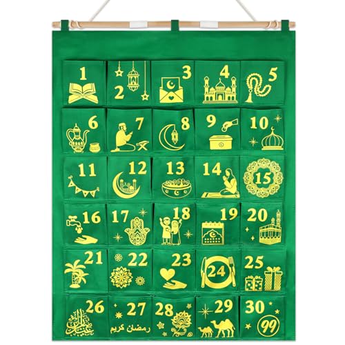 HOWAF Ramadan Countdown Calendar with 30 Pockets - Green Fabric Hanging Advent Calendar with Gold Foil Numbers 1-30 & Islamic Patterns, Eid Gift for Kids, Muslim Ramadan Decor, 30 Days Moon Phase Tracker