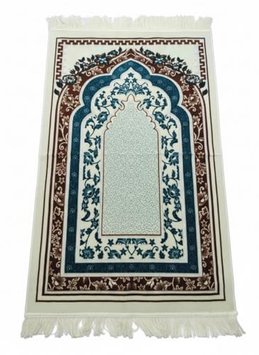 Islamic Prayer Rug with Traditional Mihrab Design, Geometric Arch Pattern, Polyester Material, 27.6x43.3 Inches, Low Pile with Fringed Edges (Turquoise Gold) - color: Turquoise Gold