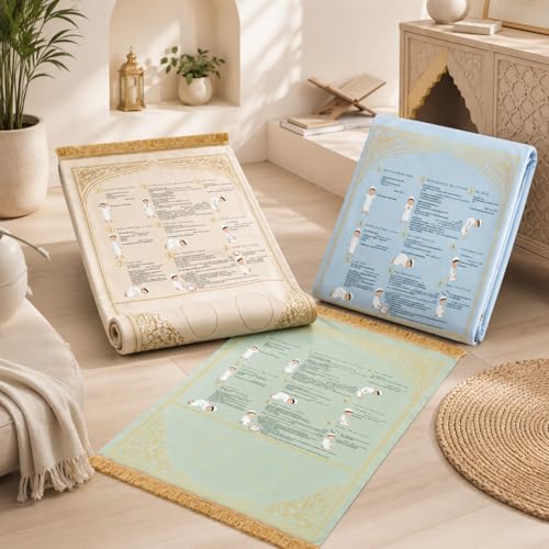 3-Pack Suede Prayer Mat with Instructions, Muslim Prayer Rug Set | Beige, blue, and green suede prayer mat set with clear Salah instructions for home, school, travel, kids, and reverts. - color: Blue, Beige, Green