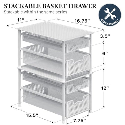 Simple Houseware Stackable 2 Tier Sliding Basket Organizer Drawer, White - color: White, size: 2-Tier
