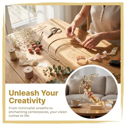 6pcs Wedding Decoration Table Hoop Party Centerpieces with Wood Base Moon Shape Metal Hoop Centerpiece Elegant Moon Metal Hoop Sturdy Golden Hoop Centerpieces Wreath Ring Stand
