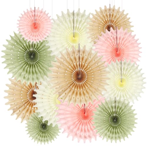 BestoFun 12PCS Beige Sage Green Hanging Paper Fans Decoration, Matte Thin Tissue Paper Honeycomb Fan Ornaments, Hanging Fans for Wedding, Birthday, Baby Shower, Home & Party Décor - color: Beige Green