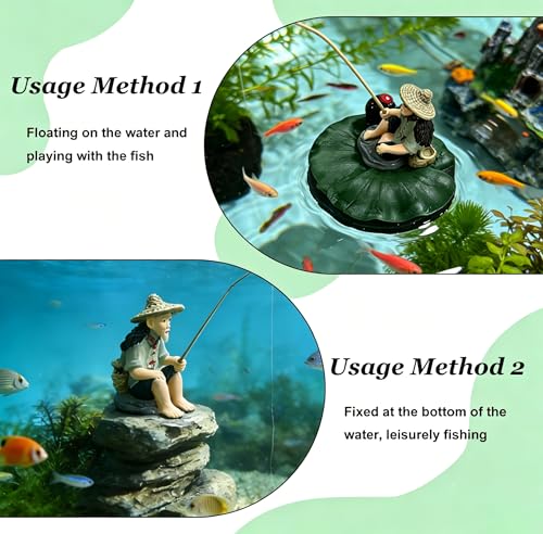 Fisherman Aquarium Decor – Cute Fisherman Ornament Sitting Fishing Figurine with Mini Fishing Rod Fun Feeder Aquarium, Aquarium Decor, PVC Floating Diorama