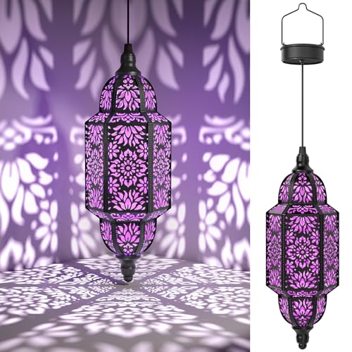 Twinkya 2 Pack Hanging Solar Lights Outdoor Garden Decorative Solar Lantern Waterproof Metal Moroccan Outdoor Decorations for Patio Pathway Yard Porch Backyard Garden Decor (Purple, 2 Pack) - color: Purple, size: 2pack