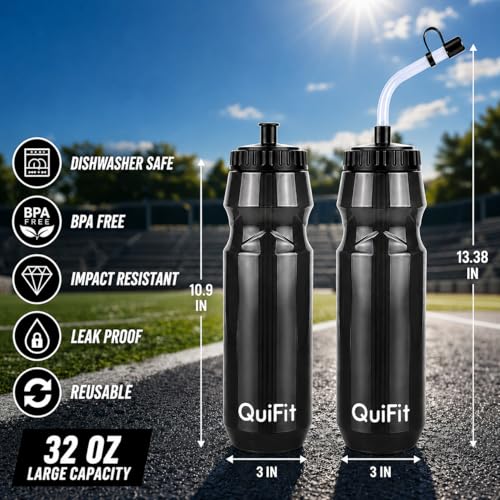 QuiFit Lacrosse Water Bottle with Long Straw -32oz Hockey Water Bottle 2 Pack with 2 Lids Each- BPA Free Squeeze Sports Water Bottles, Leakproof Dishwasher Safe- for Helmet,Lacrosse (Gray) - color: Gray