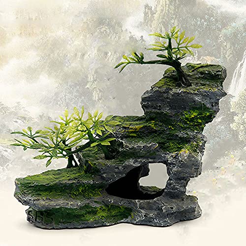 IBWell Aquarium Ornament, Mountain View Stone with Moss Tree Rock Cave Landscape Artificial Fish Tank Decoration