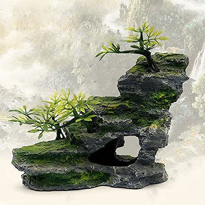 IBWell Aquarium Ornament, Mountain View Stone with Moss Tree Rock Cave Landscape Artificial Fish Tank Decoration
