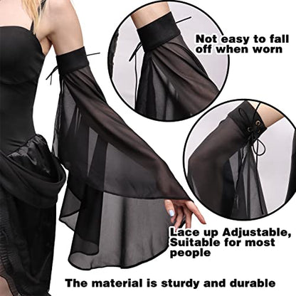 DAZCOS Victorian Long Tulle Sleeves for Women Chiffon Detachable Gloves for Wedding Dress Halloween Party Pageant - color: Black-01