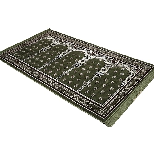 Modefa Turkish Islamic Prayer Rug - Multi Person Janamaz Sajada for Family or Large Gathering & Group Praying Carpet - Wide Plush Velvet Praying Mat Mihrab (5 Person Green) - color: Mihrab Green