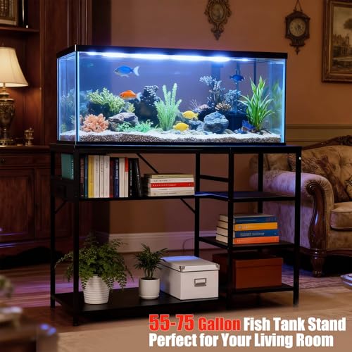FAHKNS 55 75 Gallon Aquarium Stand with Electrical Outlet and USB Port | Heavy Duty 1200lbs Capacity, Black Steel Frame Fish Tank Stand, for Large 49 Inch Aquariums