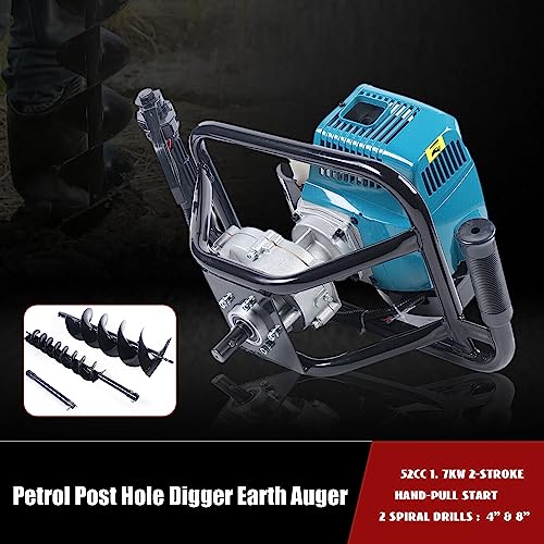Auger Post Hole Digger, Gas Powered Earth Post Hole Digger Post Holes Earth Digger Petrol Drill Borer Bulb Planting Drill Fence Hole Maker Machine (52CC 2.3HP 1.7KW) - size: 52CC 2.3HP 1.7KW