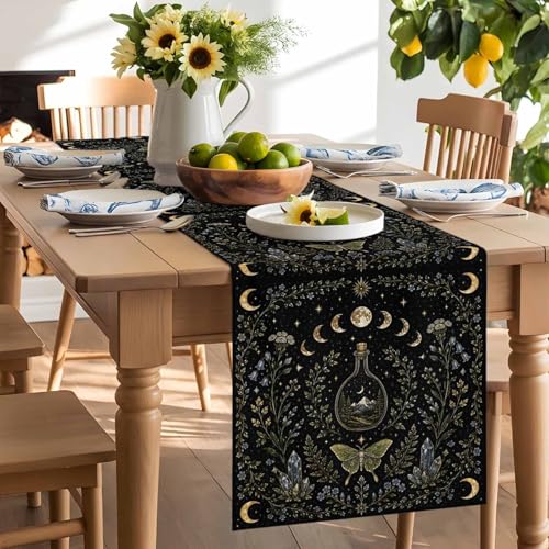 Whimsical Lunar Table Runner Butterfly Floral Moonphases Quartzcrystals Black 13x36 Inches Long Cotton Linen Table Runner Burlap Style for Dinner Table Party Decor Tabletop Decorations - size: 13" x 36"