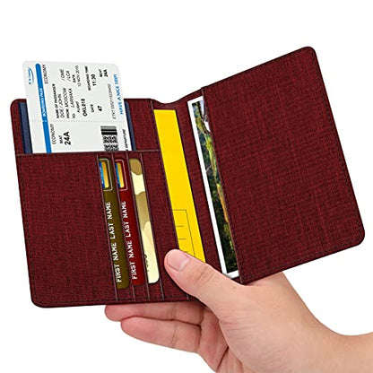 FINTIE Passport Holder, Slim Travel Wallet RFID Blocking Card Case Cover - color: Denim Burgundy