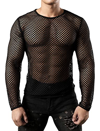 JOGAL Mens Fishnet Mesh Long Sleeve Shirt Fitted Muscle Top - color: Black, size: XX-Large