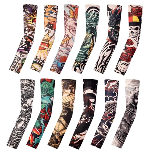 Tattoo Sleeves for Men Women Sun Protection UV Compression Arm Sleeves Breathable Skin Cover for Outdoor Sports - color: 015-12pc
