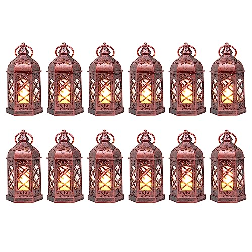 12PCS Mini Lantern with Flicker LED Candle for Halloween Decorations, Small Lanterns Decorative, Vintage Hanging Moroccan Lantern for Wedding Halloween Christmas Decor, Table Centerpiece, Rose Gold - color: Rose Gold