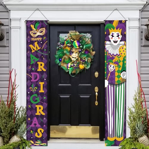 Mardi Gras Door Banner Porch Signs Decoration New Orleans Front Door Wreath Welcome Banner Hanging Decoration Yard Sign for Indoor/Outdoor Carnival - color: Red