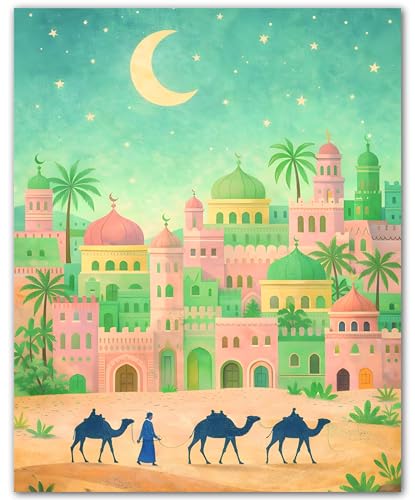 ZUKIY Islamic Wall Art - Desert City Caravan - Muslim Wall Decor for Living Room - Islamic Home Decor - 8x10 Unframed Poster - color: Desert City Caravan