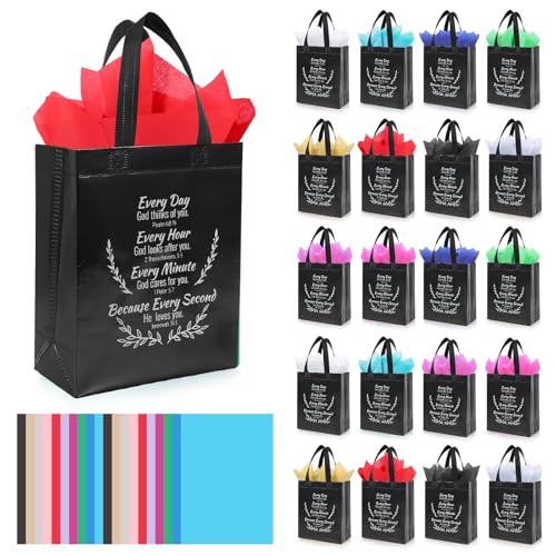 LUAVIARU 40 Pcs Bible Verse Christian Gift Bags Set – 20 Black Reusable Gift Bag with Handles & 20 Tissue Paper, Religious Gift Bag for Church Events, Baptism, Easter, Communion, Congratulations - color: Black, size: 20
