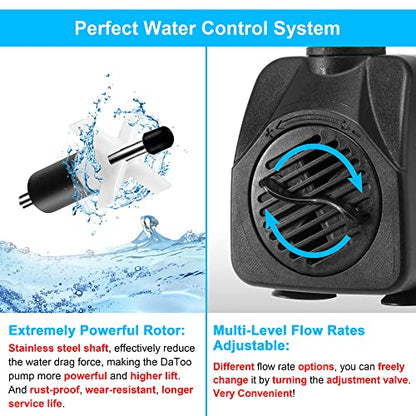 DaToo 400GPH 25W Submersible Water Pump Fountain Pump Ultra Quiet For Aquariums Fish Tank Pond Fountain Statuary Water Feature Hydroponics - size: 25W 400GPH (With 5ft Free Tubing)