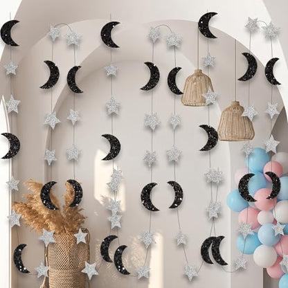 Prom Decorations 4m Glitter Paper Star Strips Black Silver Moon and Stars Decor, Hanging Space Decorations Galaxy Garland for Ramadan Birthday Backdrop Ceiling Decor