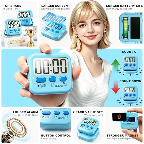 2 Pack Digital Timer for Kids Classroom Kitchen Timers for Cooking | w/ Battery, Easy to View, Alarm, Mute Mode, Count Down/Up, Magnetic, Kickstand, Hanging, Classroom Timer for Teacher Supplies - color: Clear Blue