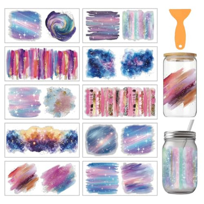 arricraft 10 Sheets Sparkling Patterns Theme UV DTF Cup Wrap for 16OZ Glass, Background Halo Rub on Decals PVC Transfer Stickers for DIY Cups Window Home Printing Decoration 24x11cm/9.4x4.3inch - style: Sparkling Patterns Theme