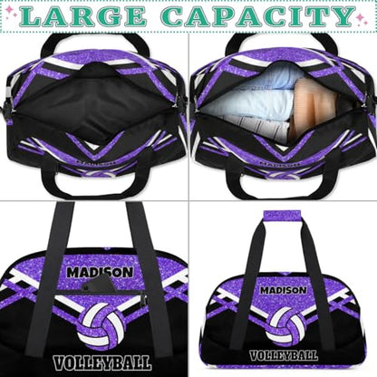 Custom Name Overnight Duffel Bags Volleyball Bag, Purple Black Glitters Personalized Sports Gym Bag Travel Weekender Bags - color: Purple Black