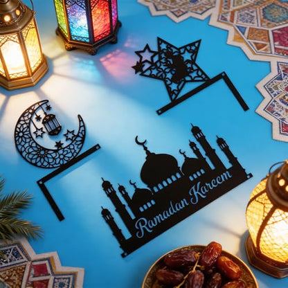 Blulu 3 Pcs Ramadan Door Decoration Metal Ramadan Mubarak Door Topper Eid Mubarak Frame Decoration for Islamic Muslim Cabinet Shelf Window Wall Home Office Kitchen Decor(Eid) - style: Eid