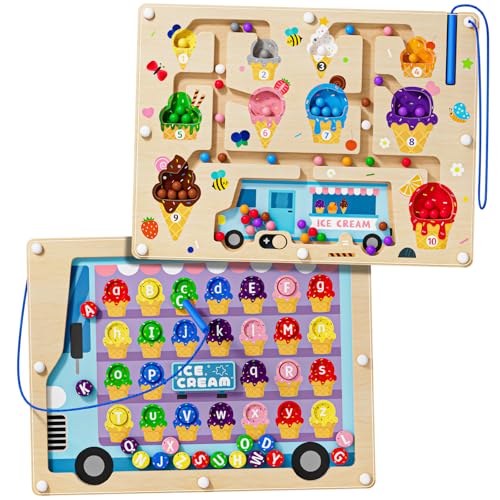 2 in 1 Magnetic Color and Number Maze Double-Sided ABC Alphabet Puzzles Board Magnet Dinosaur Counting Maze Preschool Learning Montessori Education 3 4 5 Years Toys (Ice Cream, One Size) - color: Ice Cream